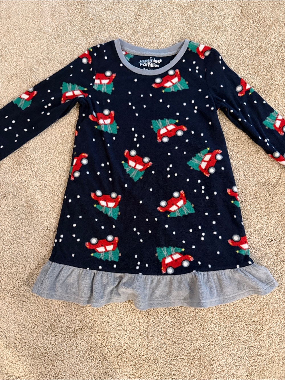 Girls Navy Holiday Nightgown with Red Car & Tree Print -size 5/6. Winter.